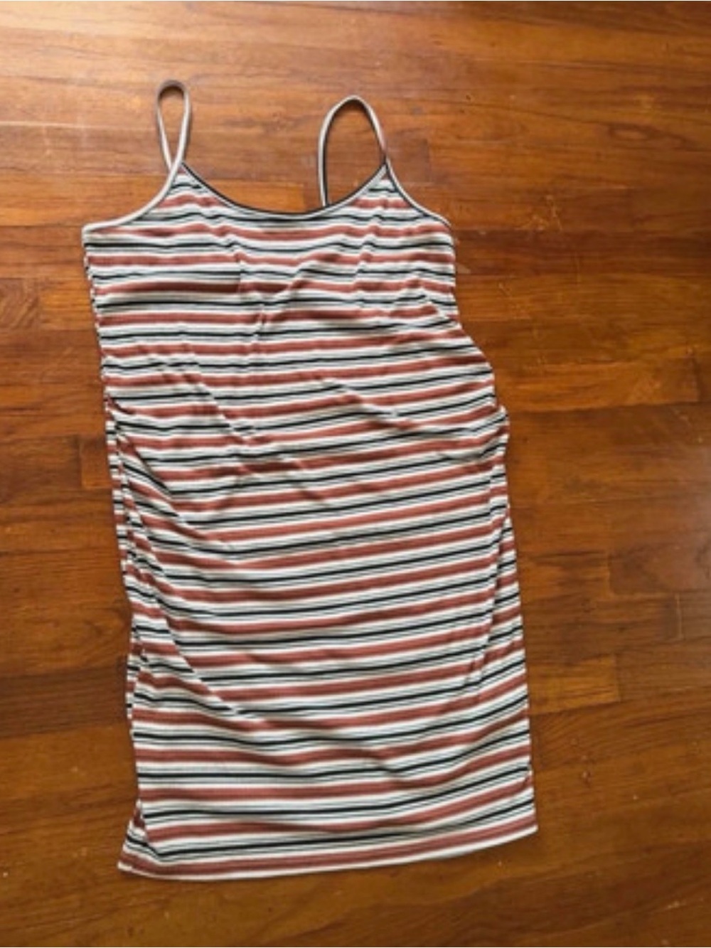Striped Spaghetti‑Strap Mini Dress in Rust, White & Black